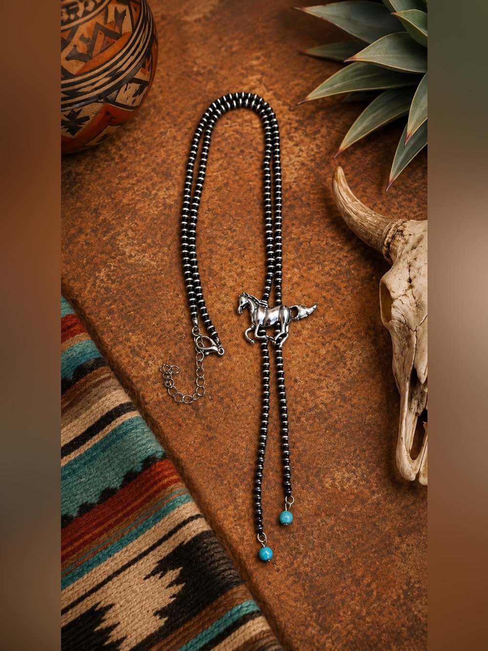 Southwest Western Faux Turquoise Navajo Pearl Inspired Lariat Horse Necklace - Picture 3 of 4